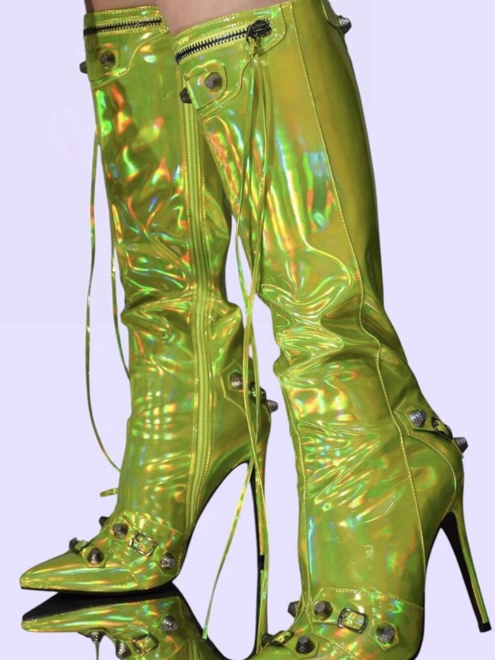 Women’s Green Holographic Knee High Stiletto Pointed Toe Boots Size 10